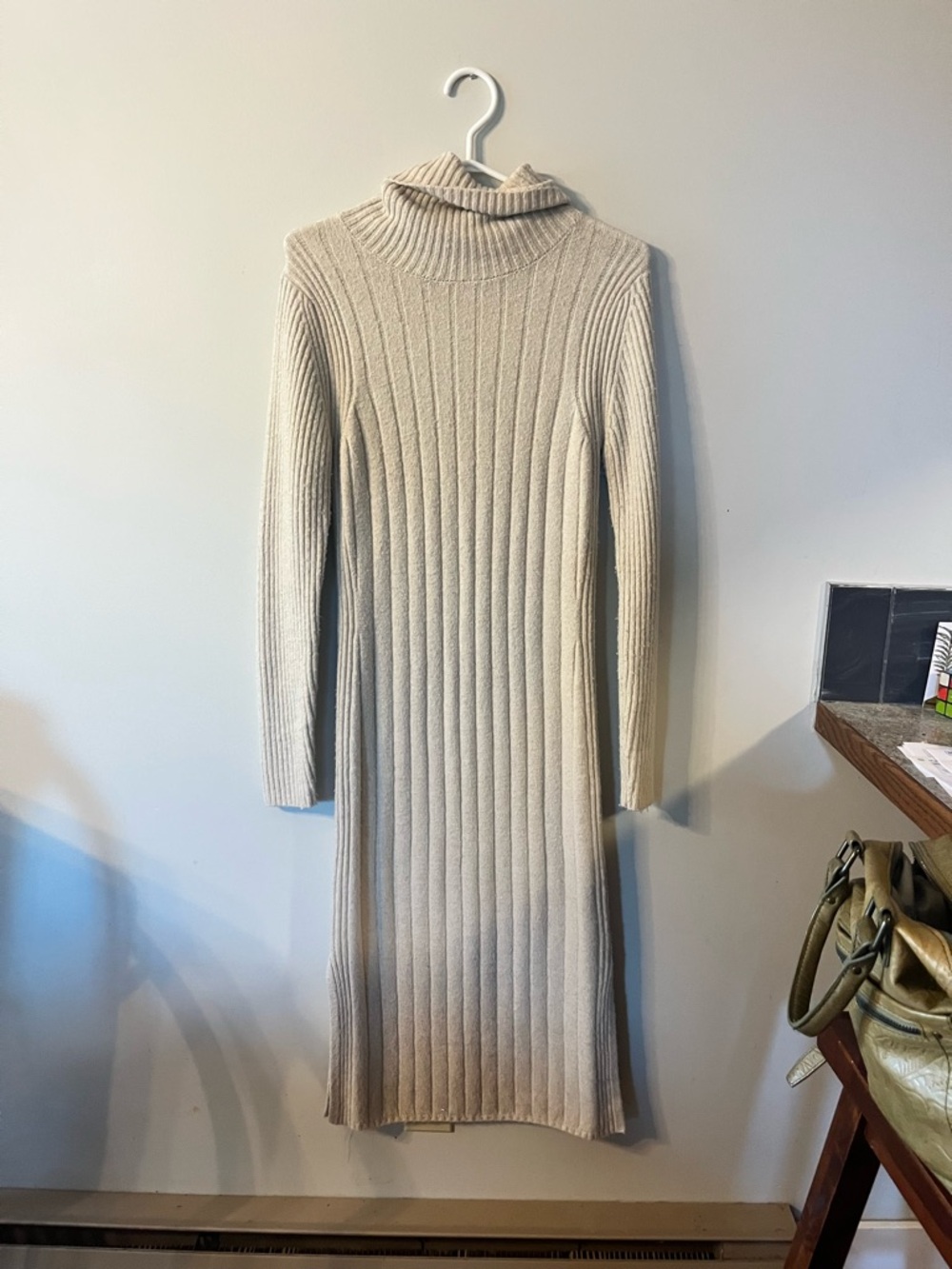 Ribbed Turtleneck Sweater Dress in Cream